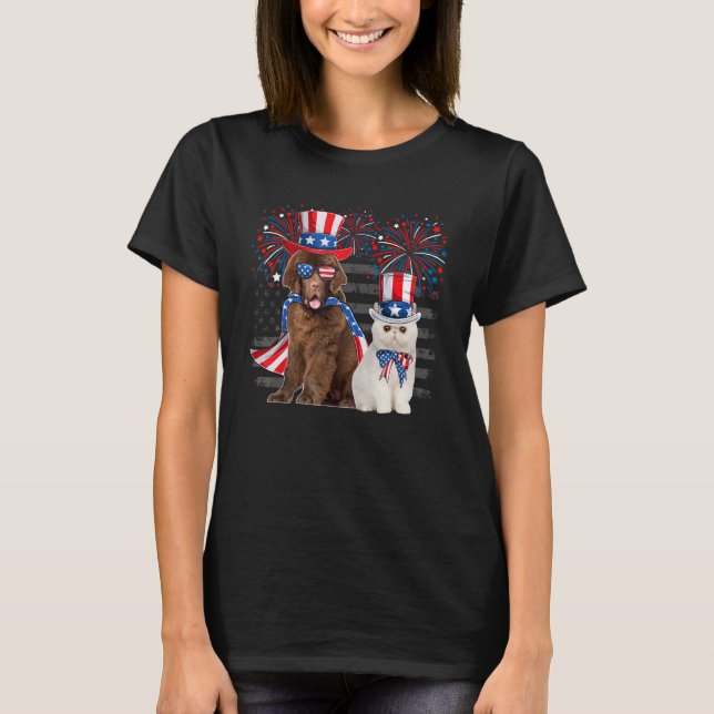 Cat With Newfoundland Sunglasses American Flag 4th T-Shirt (Front)