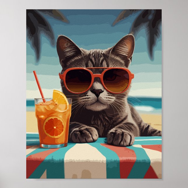 Cat with orange juice in beach poster (Front)