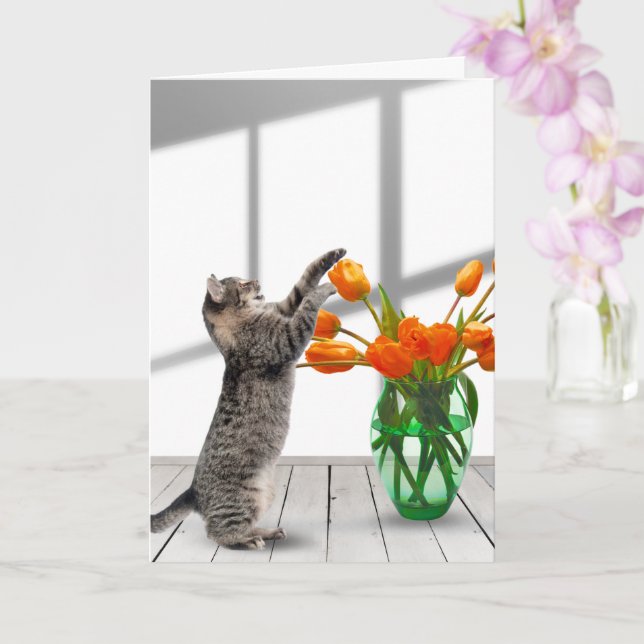 Cat with Orange Tulips Card (Orchid)