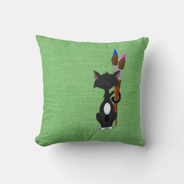 Cat With Paint Brushes On Green Cushion (Front)