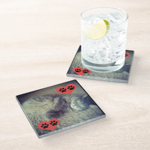 Cat with Pawprints by Shirley Taylor Glass Coaster