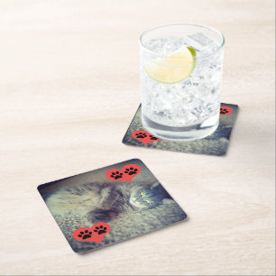 Cat with Pawprints by Shirley Taylor Square Paper Coaster