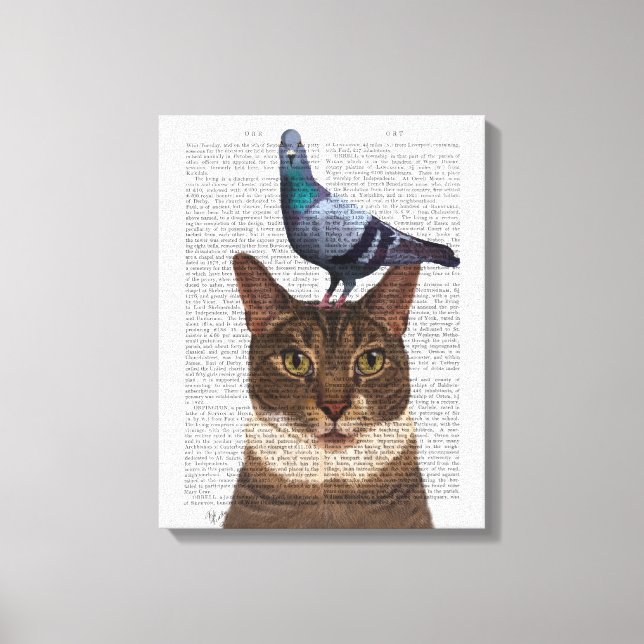 Cat with Pigeon on Head Canvas Print (Front)