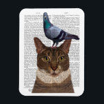 Cat with Pigeon on Head Magnet<br><div class="desc">Cat with Pigeon on Head by FabFunky. Features a cat with a feathery friend perched atop its head. | 191384D</div>