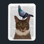 Cat with Pigeon on Head Magnet<br><div class="desc">Cat with Pigeon on Head by FabFunky. Features a cat with a feathery friend perched atop its head. | 191384D</div>