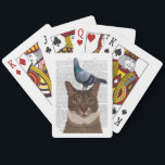 Cat with Pigeon on Head Playing Cards<br><div class="desc">Cat with Pigeon on Head by FabFunky. Features a cat with a feathery friend perched atop its head. | 191384D</div>