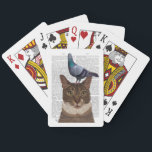 Cat with Pigeon on Head Playing Cards<br><div class="desc">Cat with Pigeon on Head by FabFunky. Features a cat with a feathery friend perched atop its head. | 191384D</div>