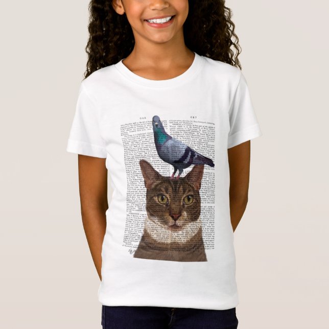 Cat with Pigeon on Head T-Shirt (Front)