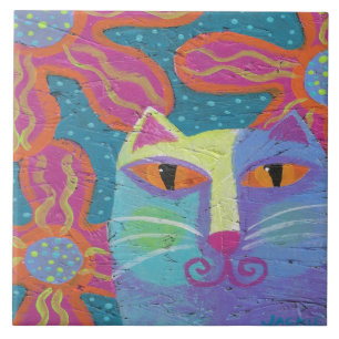 Cat with Pink Flowers Abstract Painting Tile