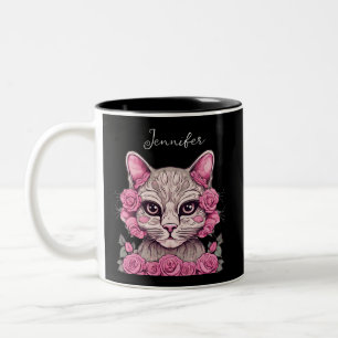 Cat with Pink Roses Personalised Birth Flower Mug