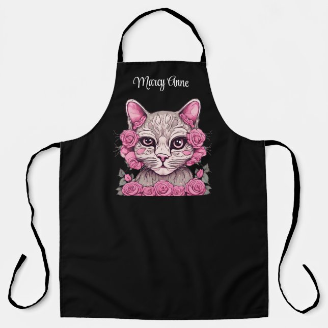 Cat with Pink Roses Personalised Custom  Apron (Front)