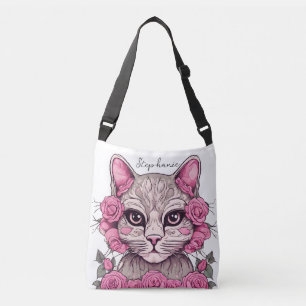 Cat with Pink Roses Personalised Tote Bag