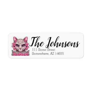 Cat with Pink Roses Return Address Labels