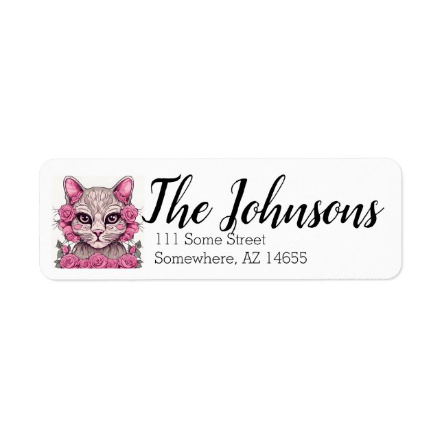 Cat with Pink Roses Return Address Labels (Front)