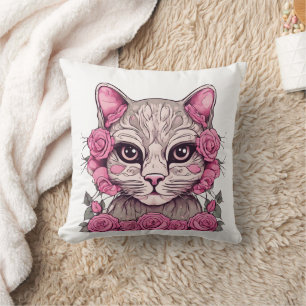 Cat with Pink Roses Throw Pillow