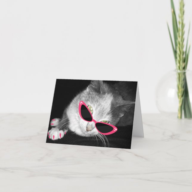 Cat With Pink Sunglasses & Claws Notecard (Front)