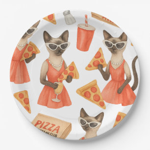 Cat with pizza for Siamese Cat Lovers Paper Plate
