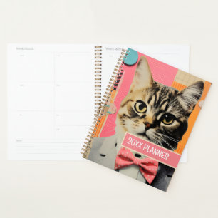 Cat with polka dot bow tie collage planner