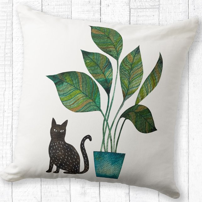 Cat with Potted Plant Watercolor Cushion (Watercolor cat and house plant pillow)