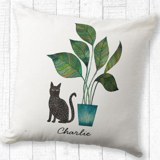 Cat with Potted Plant Watercolor Personalised Cushion