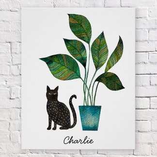 Cat with Potted Plant Watercolor Personalised Poster