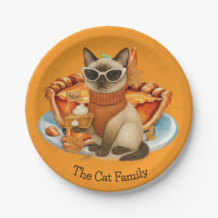 Cat with Pumpkin Pie for Thanksgiving Party Paper Plate