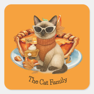Cat with Pumpkin Pie for Thanksgiving Party Square Sticker