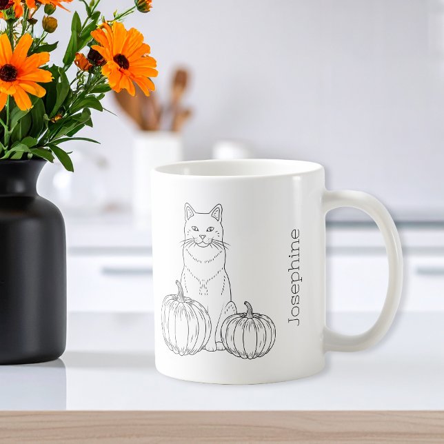 Cat With Pumpkins Minimal Fall Line Art And Name Coffee Mug (Creator Uploaded)