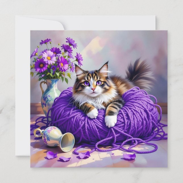 Cat with Purple Eyes in Purple Yarn and Flowers (Front)