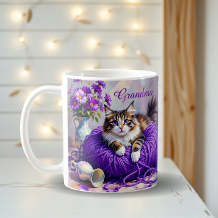 Cat with Purple Eyes in Purple Yarn and Flowers Coffee Mug