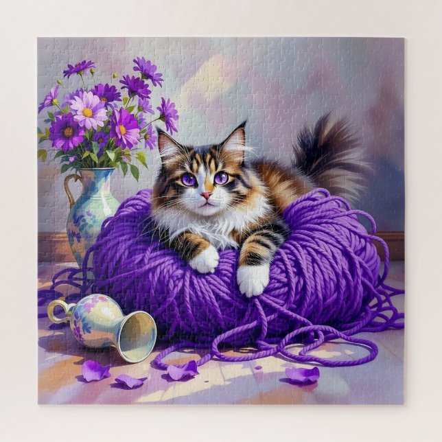 Cat with Purple Eyes in Purple Yarn and Flowers Jigsaw Puzzle (Vertical)