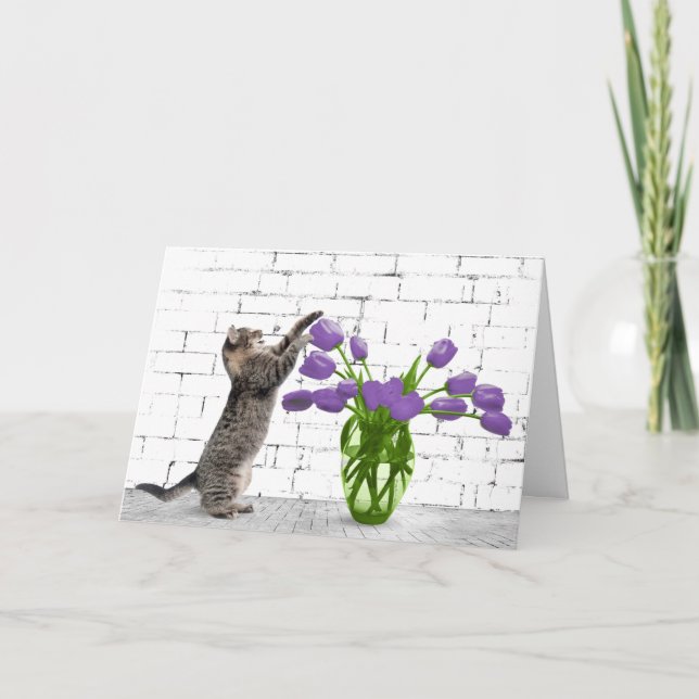 Cat with Purple Tulip  Card (Front)