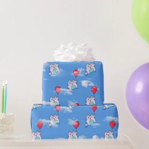 Cat with Red Balloon In Clouds Wrapping Paper
