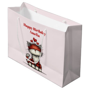 Cat with Red Hearts Cute and Fun Birthday Large Gift Bag