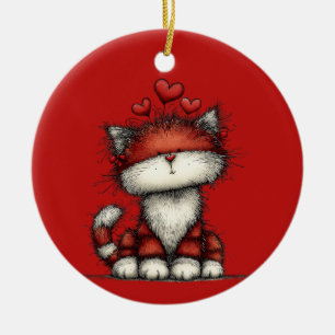Cat with Red Hearts Cute and Fun Ceramic Tree Decoration
