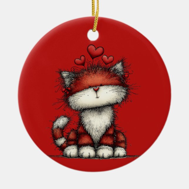 Cat with Red Hearts Cute and Fun Ceramic Tree Decoration (Front)