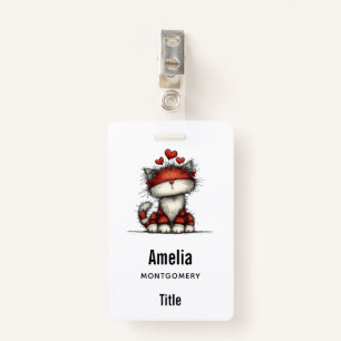 Cat with Red Hearts Cute and Fun ID Badge