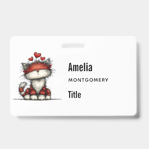 Cat with Red Hearts Cute and Fun ID Badge