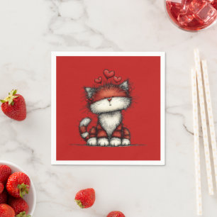 Cat with Red Hearts Cute and Fun Napkin