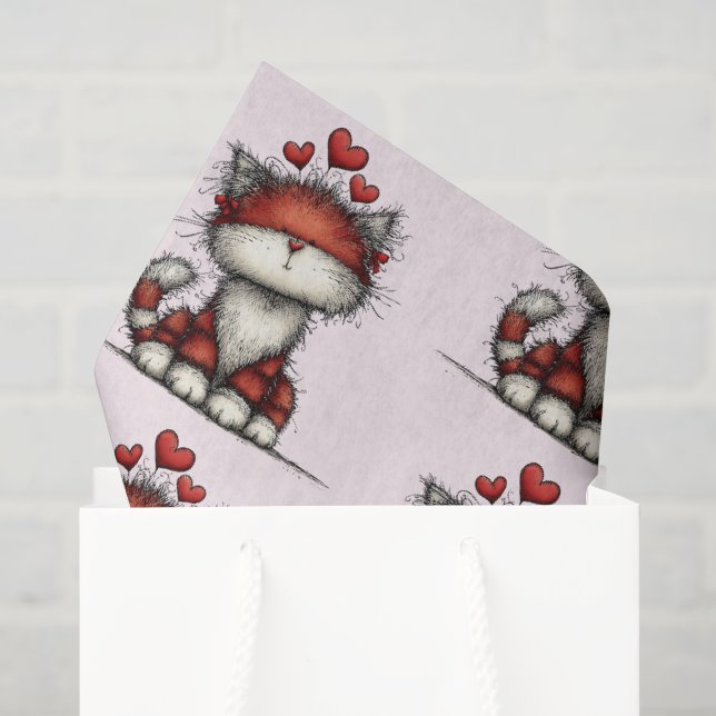 Cat with Red Hearts Cute and Fun Pattern Tissue Paper (Gift Bag)