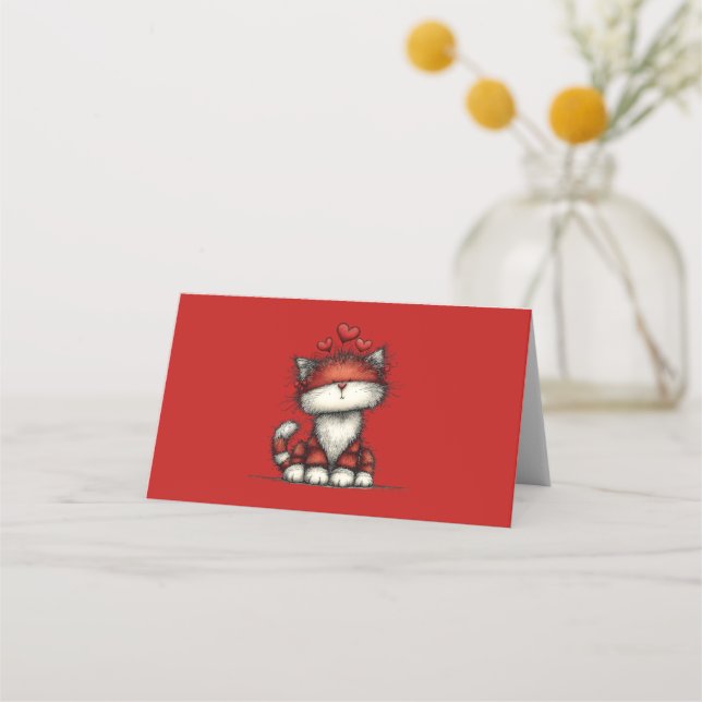 Cat with Red Hearts Cute and Fun Place Card (Front)