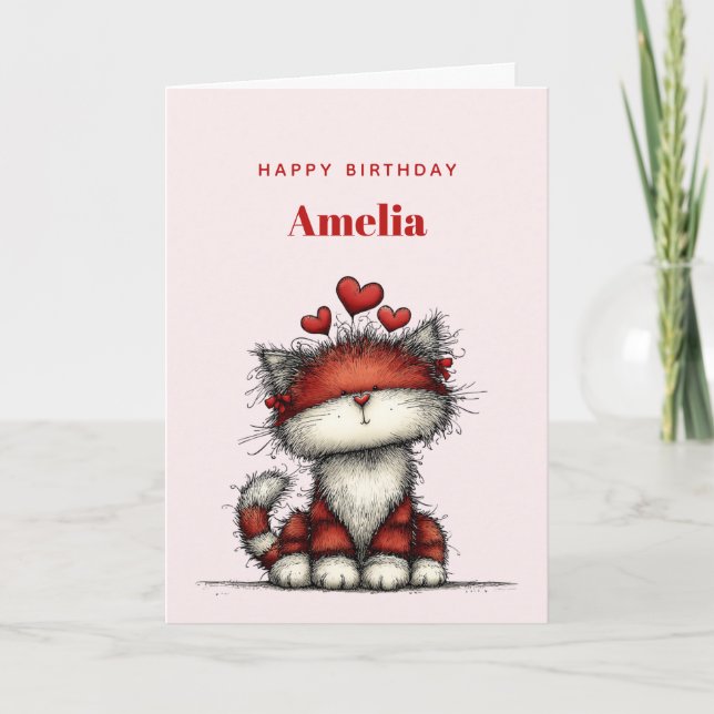 Cat with Red Love Hearts Cute and Funny Birthday Card (Front)