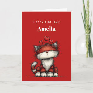 Cat with Red Love Hearts Cute and Funny Birthday Card