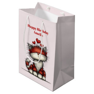Cat with Red Love Hearts Cute and Funny Birthday Medium Gift Bag