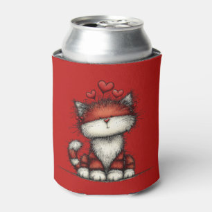 Cat with Red Love Hearts Cute and Funny Can Cooler
