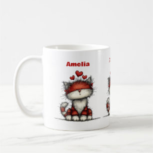 Cat with Red Love Hearts Cute and Funny Coffee Mug