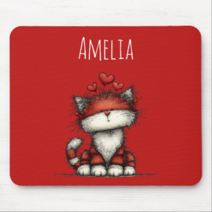 Cat with Red Love Hearts Cute and Funny Mouse Mat