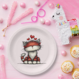 Cat with Red Love Hearts Cute and Funny Paper Plate