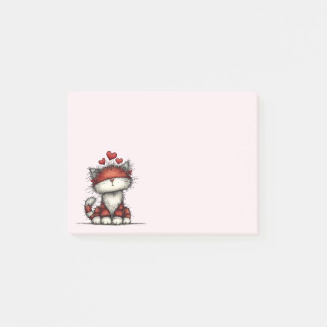 Cat with Red Love Hearts Cute and Funny Post-it Notes (Front)