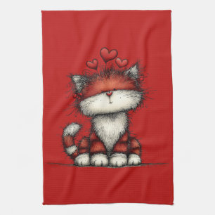 Cat with Red Love Hearts Cute and Funny Tea Towel